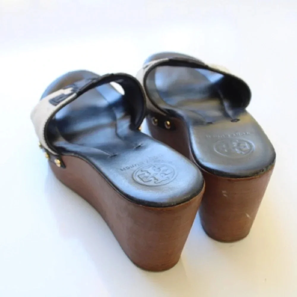 Tory Burch Black Leather and Beige Canvas Wedge Sandals